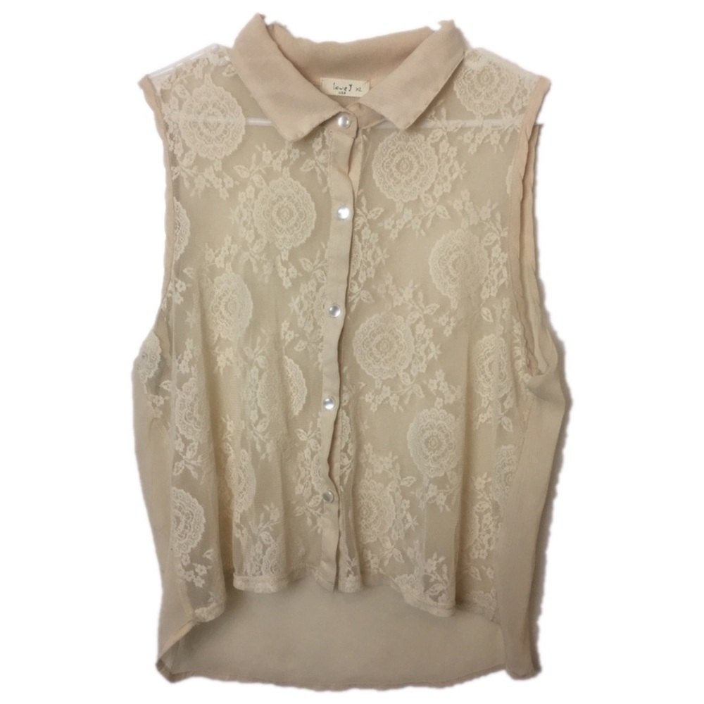 Love J Creme Sleeveless Sheer Button Down Blouse